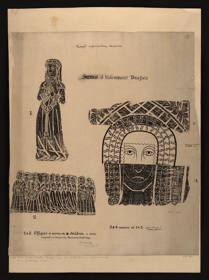 Rubbing of brass effigies of lady and family, with portions of head of a lady on reverse top image