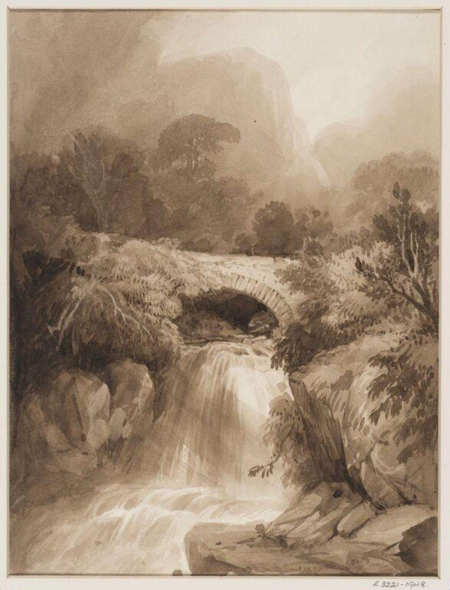 View of a Waterfall, with a bridge and trees above and mountains in the distance, Skinner Prout, 19th century