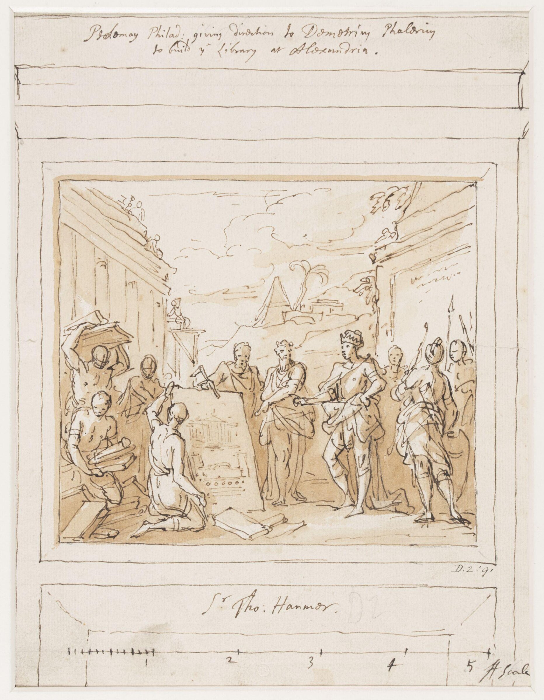 Design for a painting within an architectural setting depicting Ptolemy I commissioning the Library at Alexandria, Thornhill, early 18th century