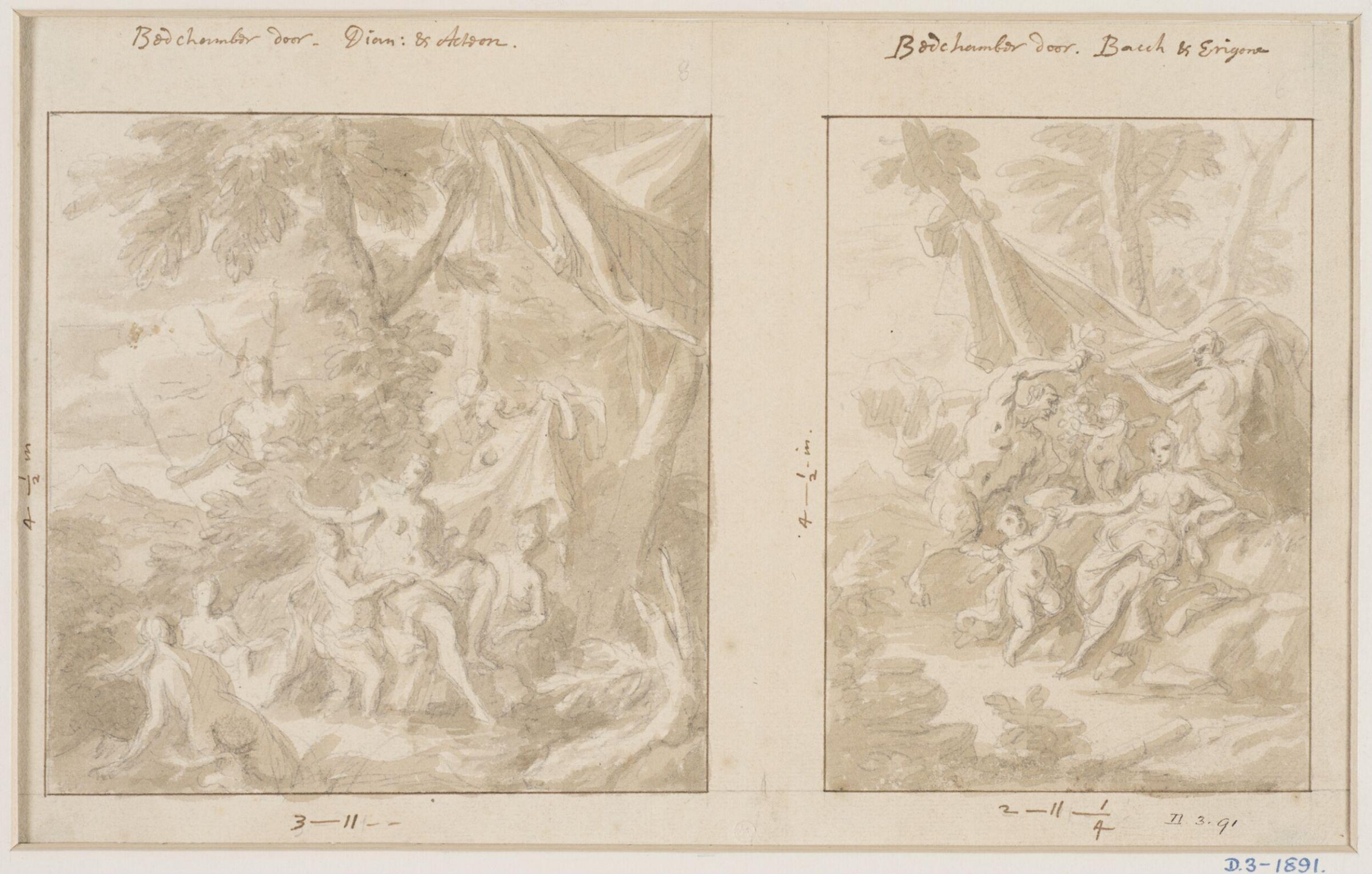 Two designs for overdoor paintings depicting Diana and Acteon (left) and Bacchus and Erigone (right), James Thornhill, early 18th century