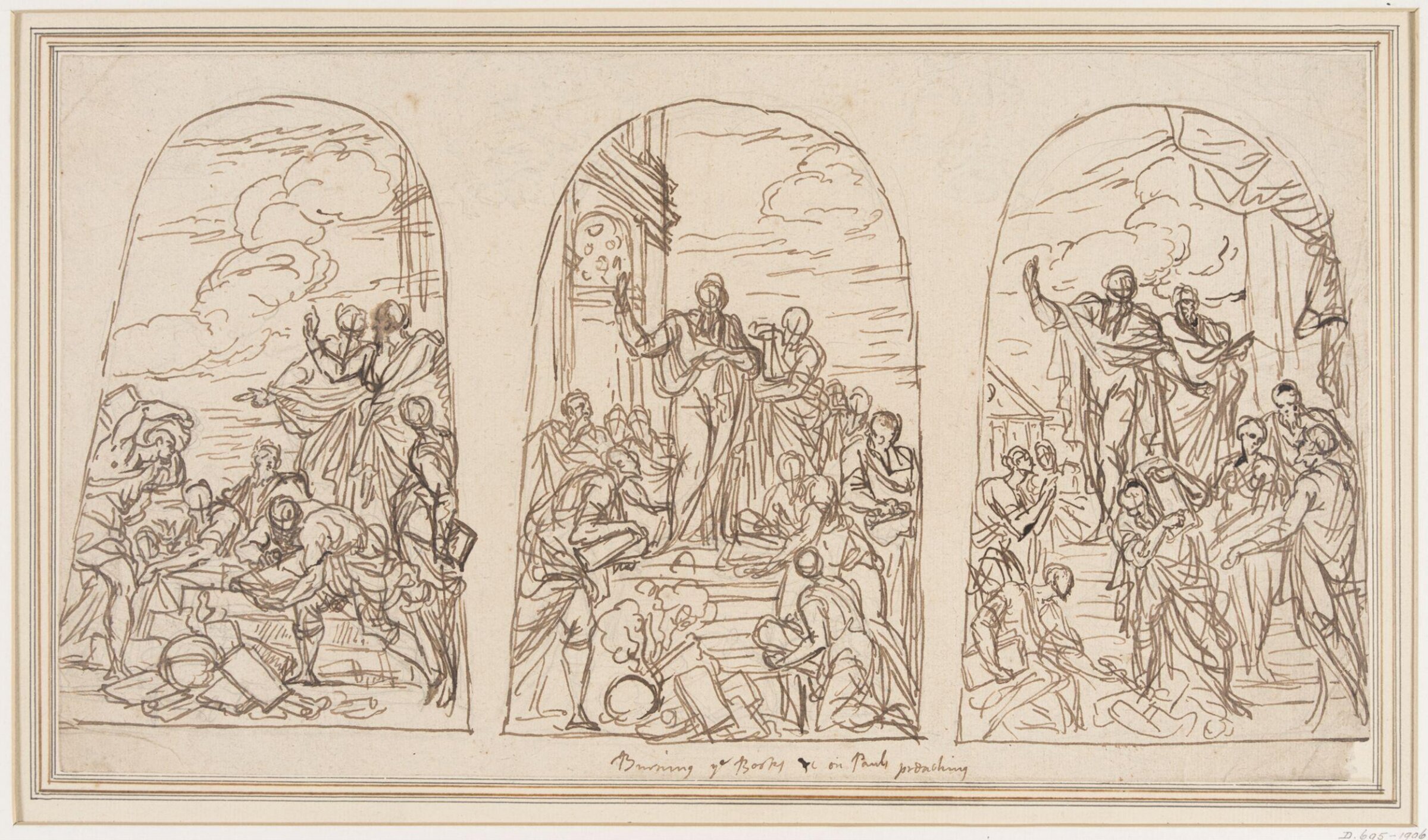 Three preparatory studies for the Burning of the Books at Ephesus, James Thornhill, c.1715