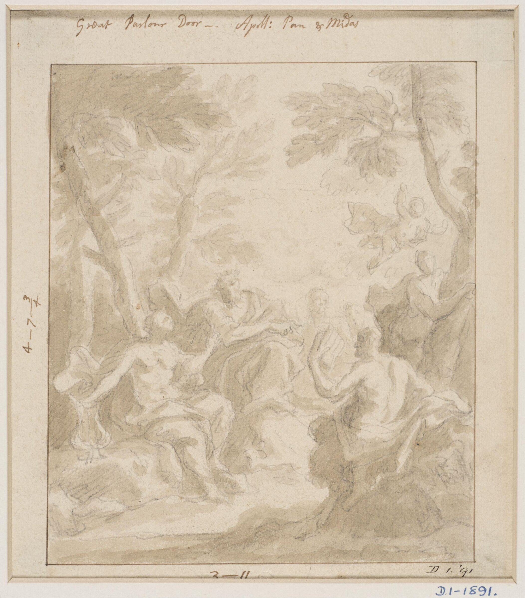 Design for an overdoor painting depicting Apollo, Pan and Midas, James Sir Thornhill, early 18th century