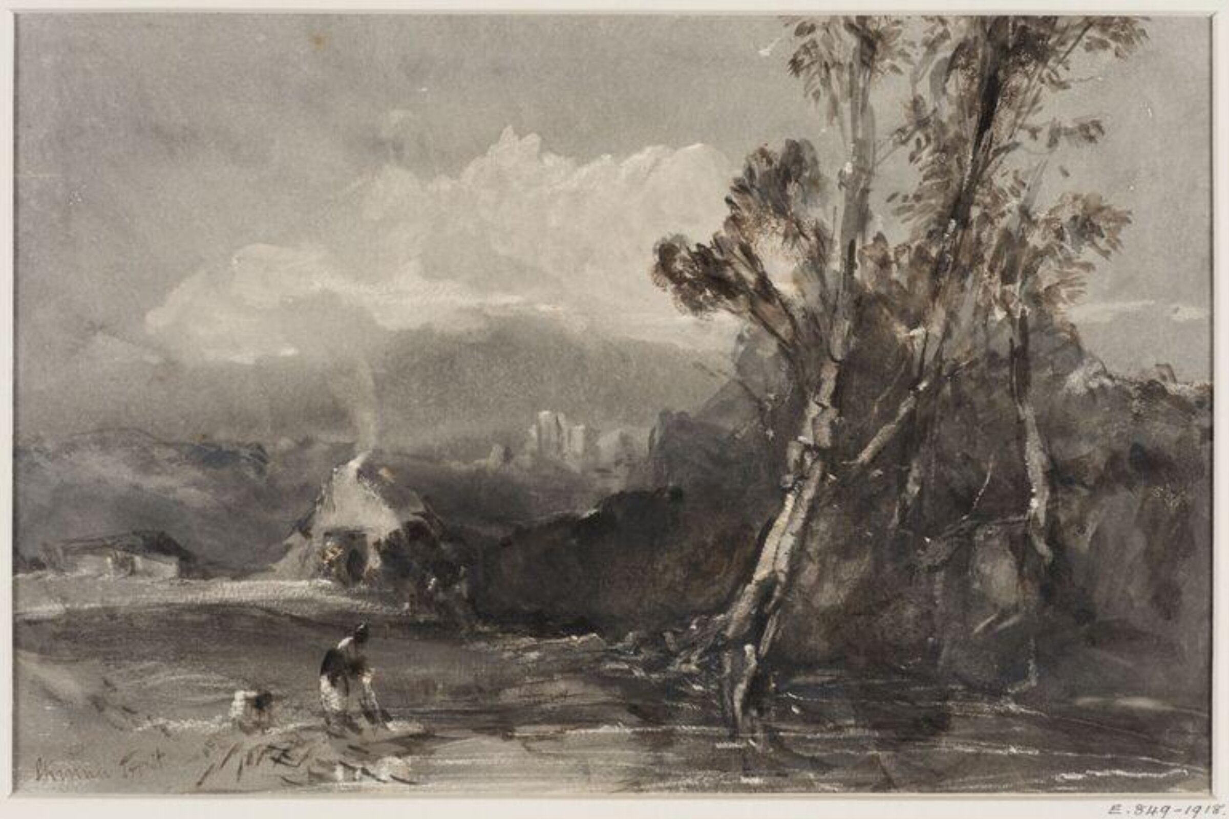 andscape: a stream, with cottage, trees etc, mountains in the distance, skinner prout, 19th century