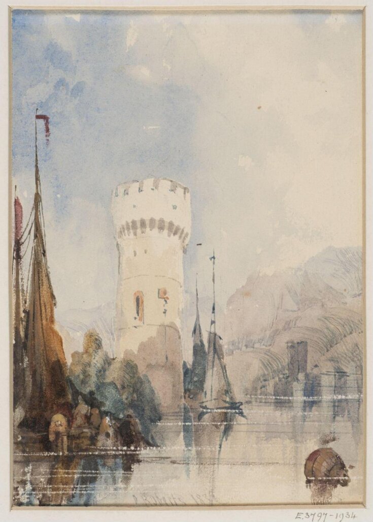 Landscape : a river scene with a white battlemented tower and sailing ships. top image