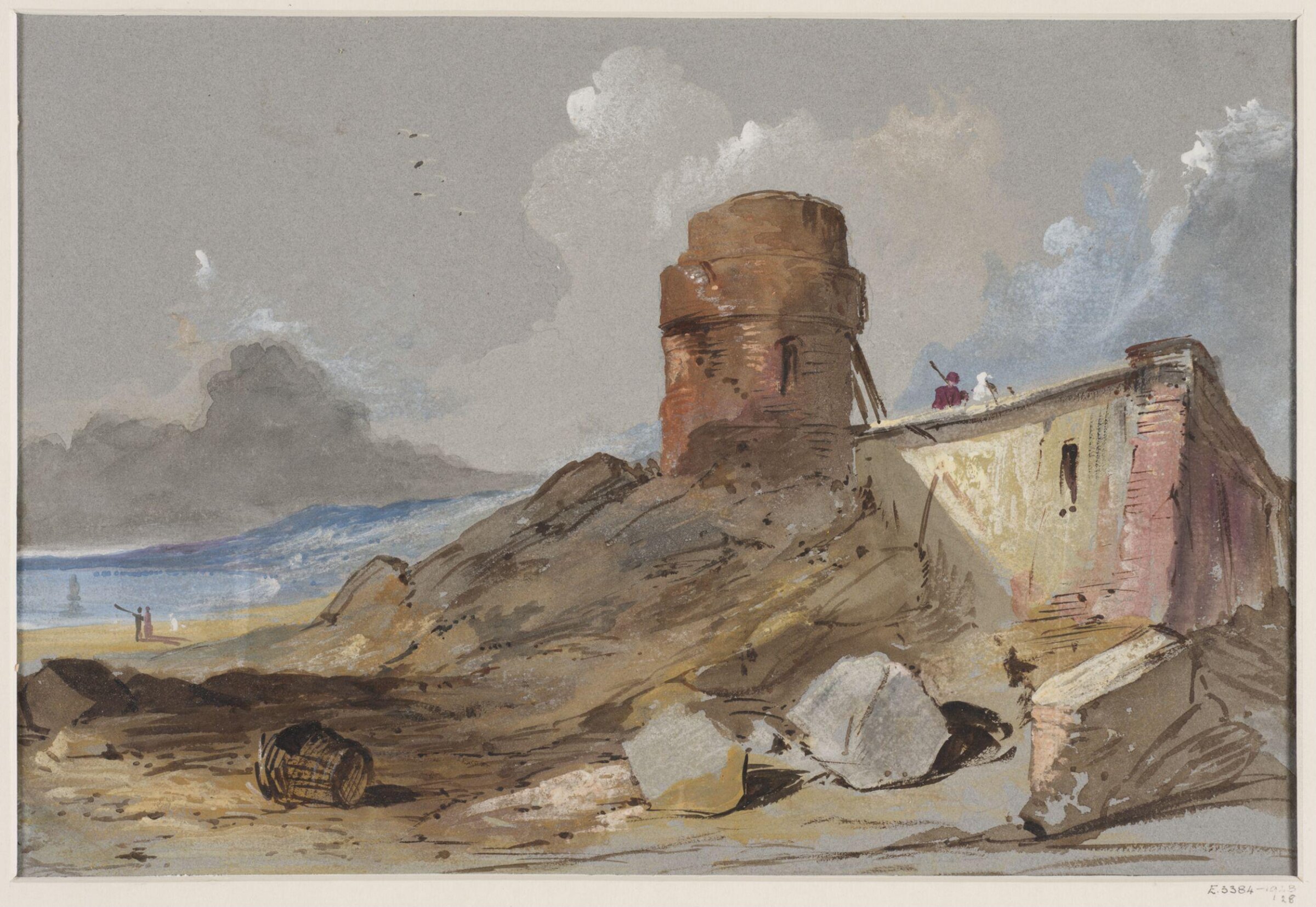 Coast scene with a fortified tower, Henry Courtney Selous, 19th century