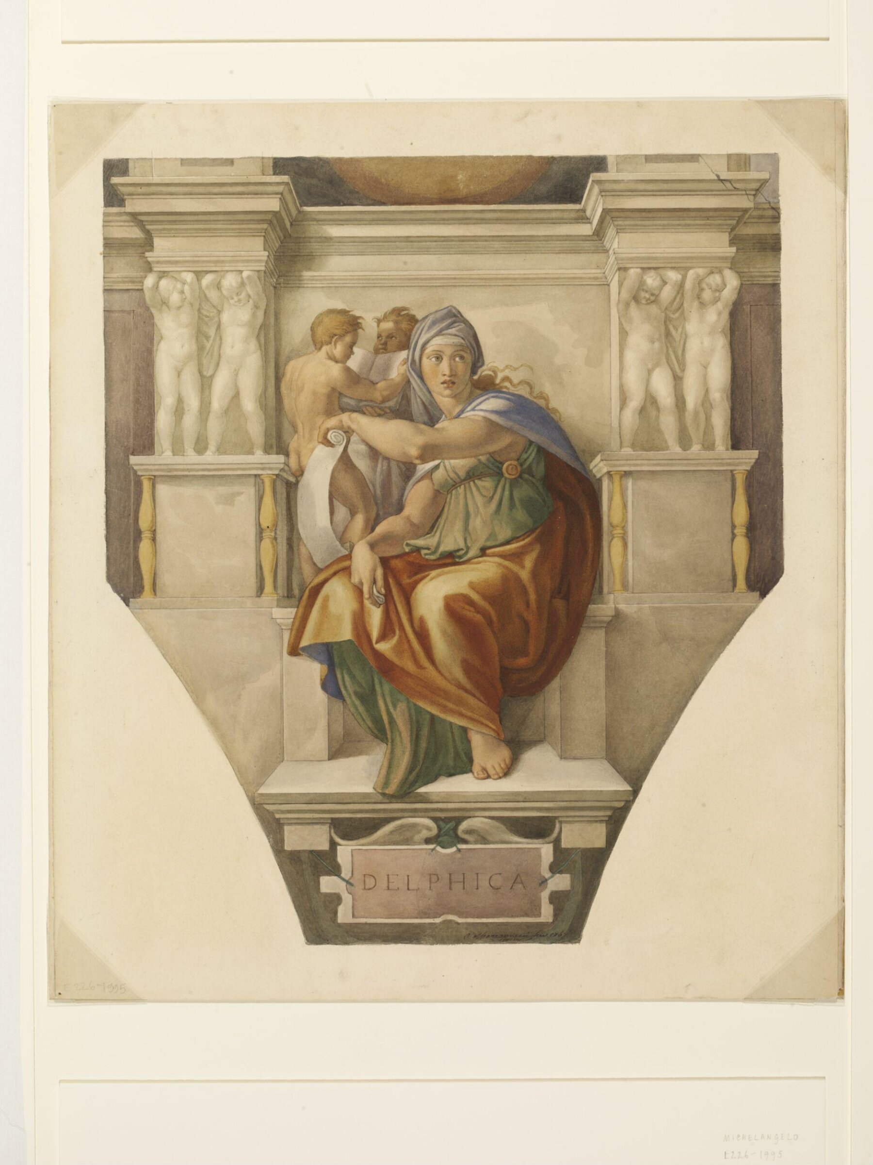 Copy after Michelangelo’s fresco of the ‘Delphic Sibyl’ on the Sistine Chapel vault (Sistine Chapel, Rome, 1511-1512)., Cesari Mariannecci, 1867