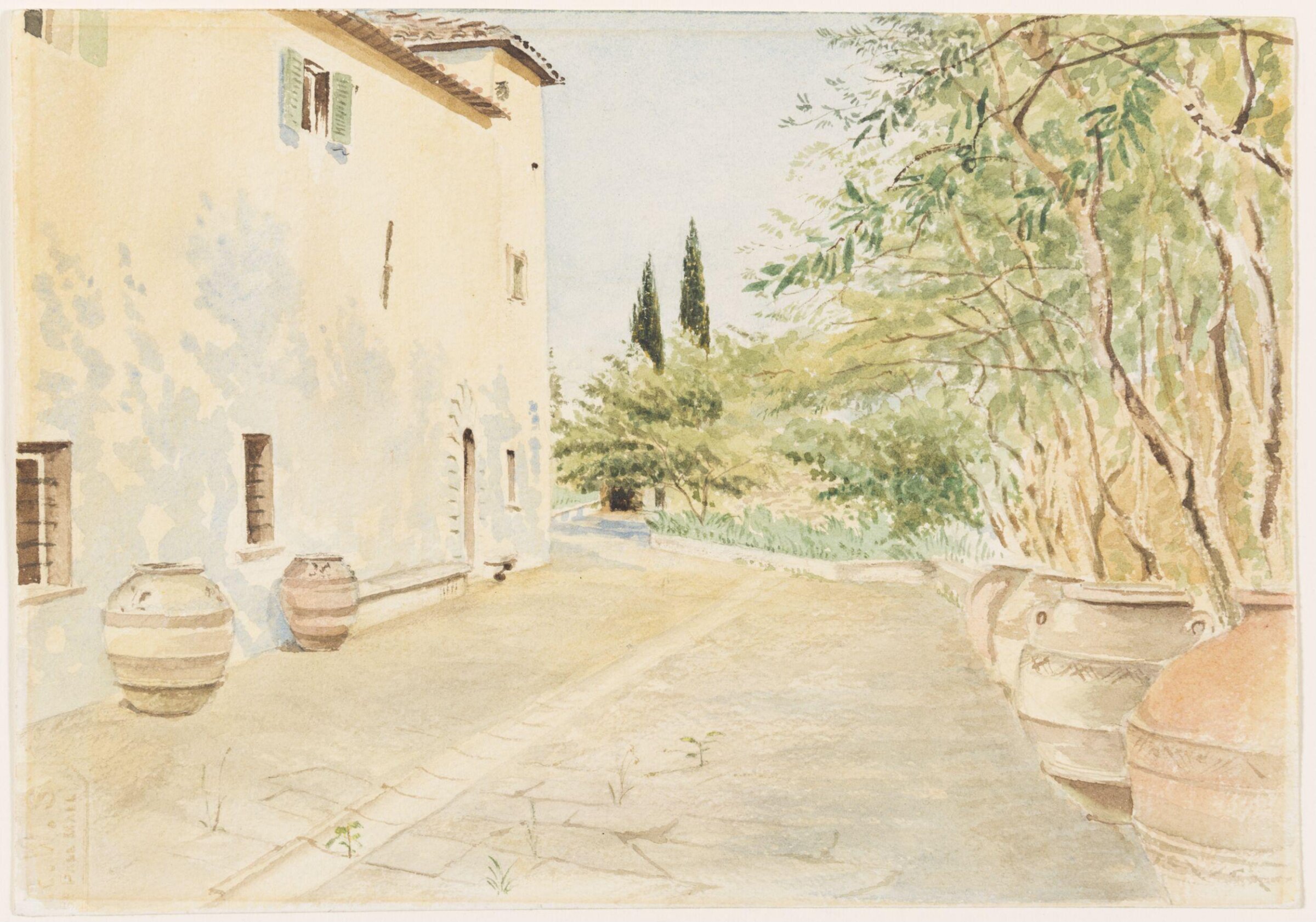 wing and yard of an Italian villa, May Morris, 1900-25