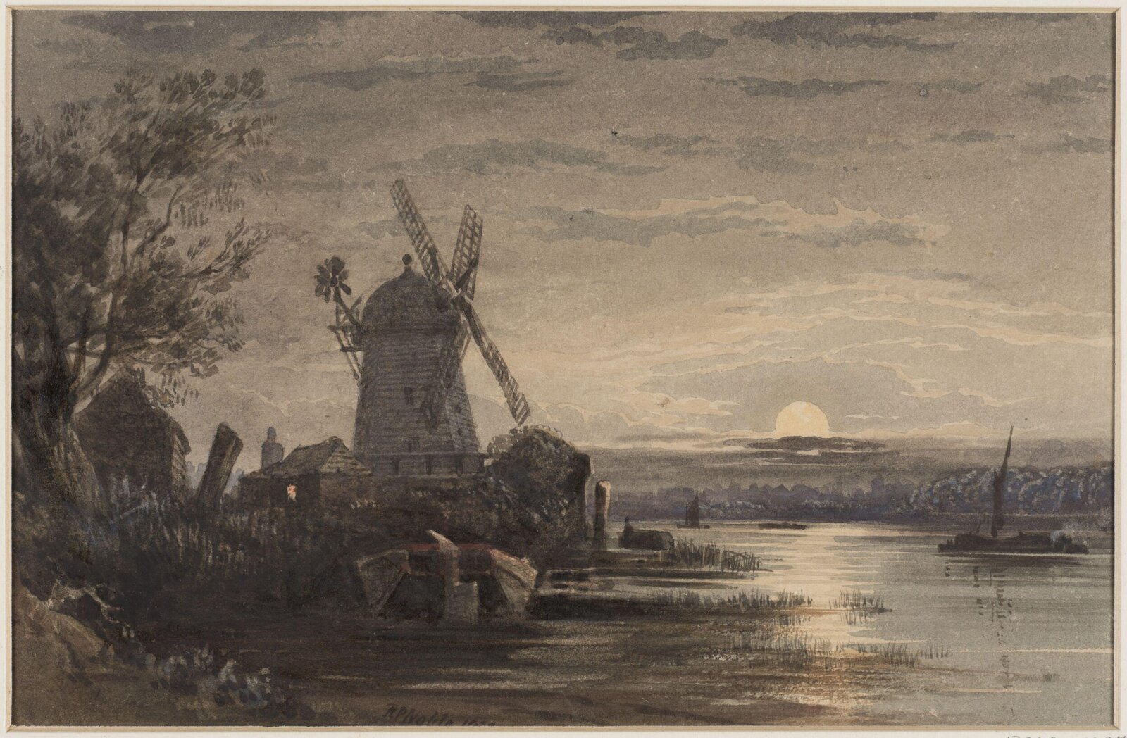 Moonlight scene with a windmill by a river, R. P. Noble, 1838