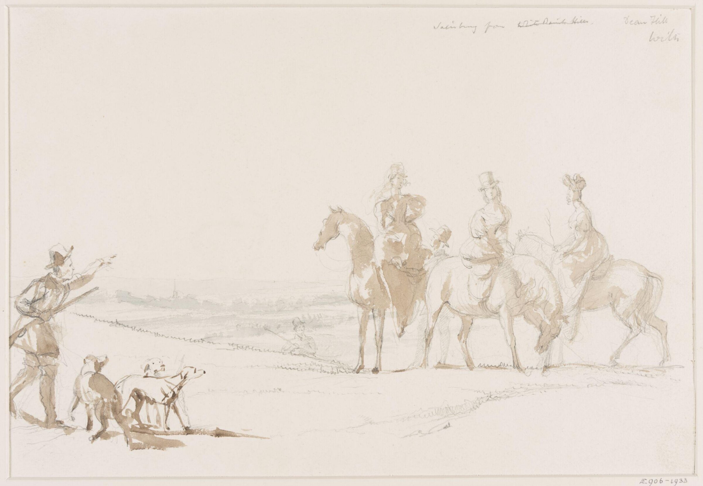 Ladies riding on Dean Hill, Wilts., view of Salisbury in the distance, George Hayter, c.1860