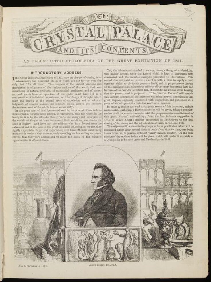 The Crystal Palace, and its contents : being an illustrated cyclopaedia of the Great Exhibition of the Industry of all Nations, 1851 ; embellished with upwards of five hundred engravings, with a copious analytical index top image