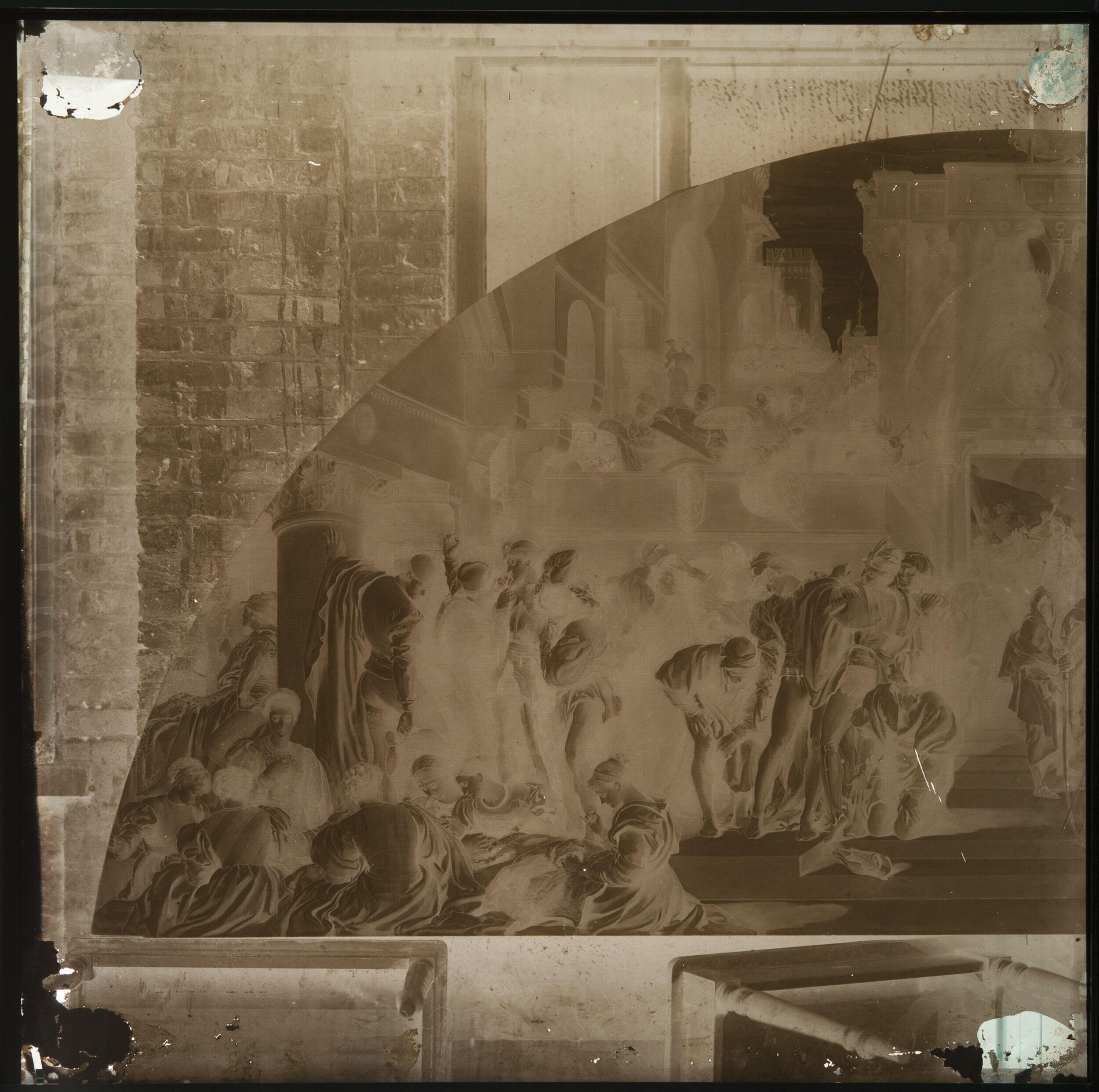 Glass plate negative reproducing the left portion of a study by Frederic Leighton for the fresco The Industrial Arts as Applied to War'