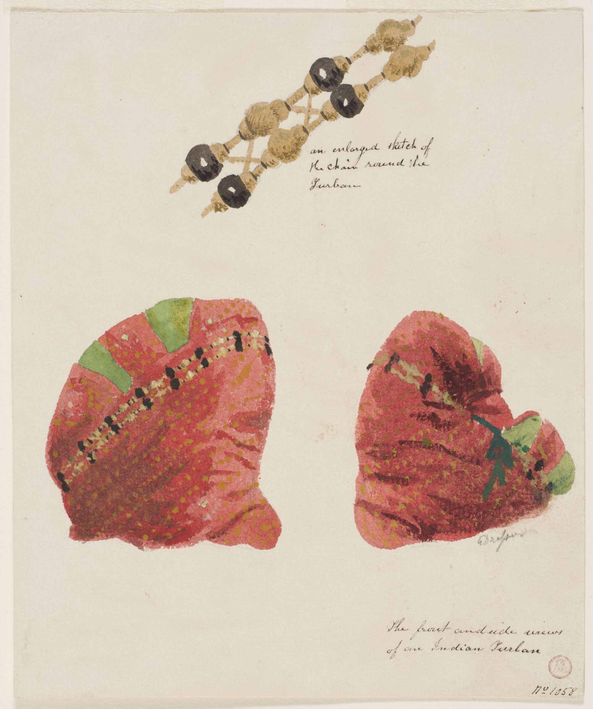Sketches of an Indian turban and a chain worn on the turban, Christopher Dresser, 19th century