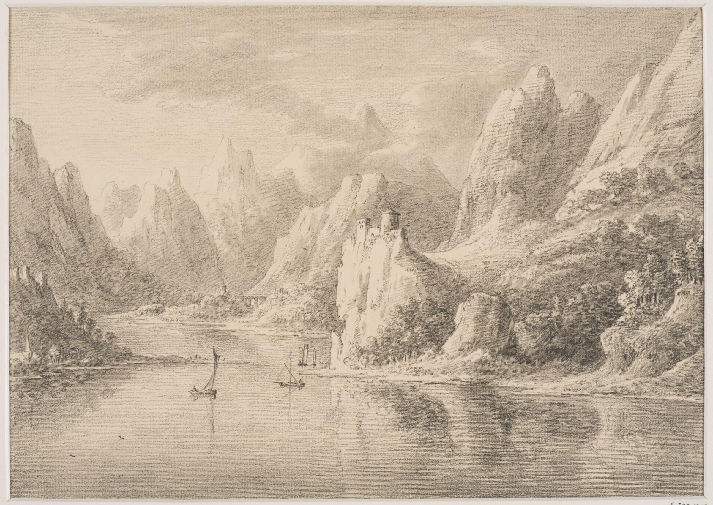 Lake scene, showing mountains, a castle and sailing boats, Anthony Thomas Devis, 1729-1816