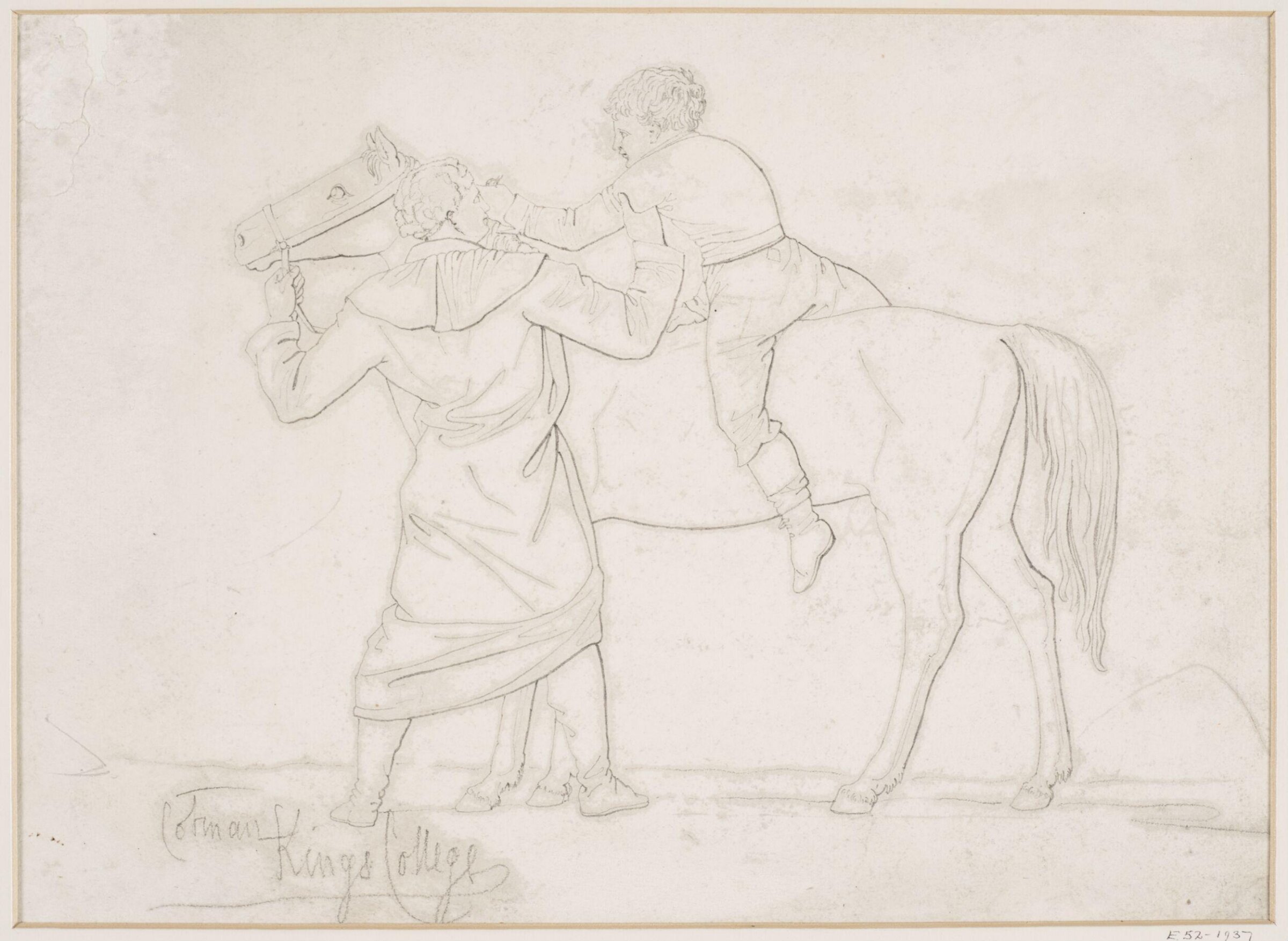A man helping a boy dismount from his horse, Miles Edmund Cotman, 1825-50