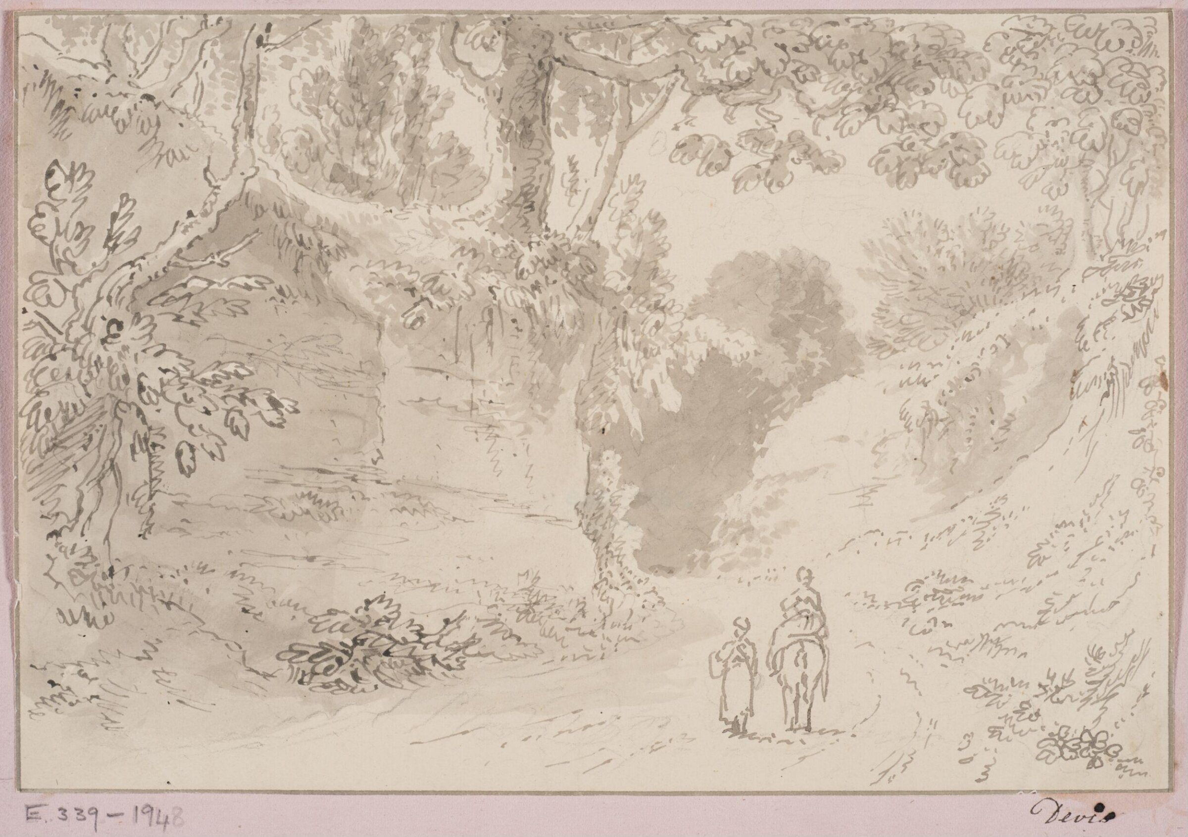 View of a sunken lane overhung with trees: in the foreground, two figures, one on horseback, Anthony Thomas Devis, 1780