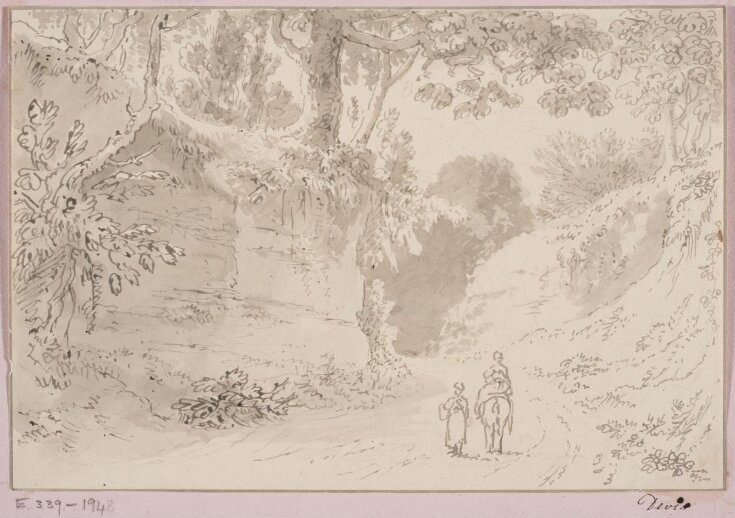 View of a sunken lane overhung with trees: in the foreground, two figures, one on horseback top image