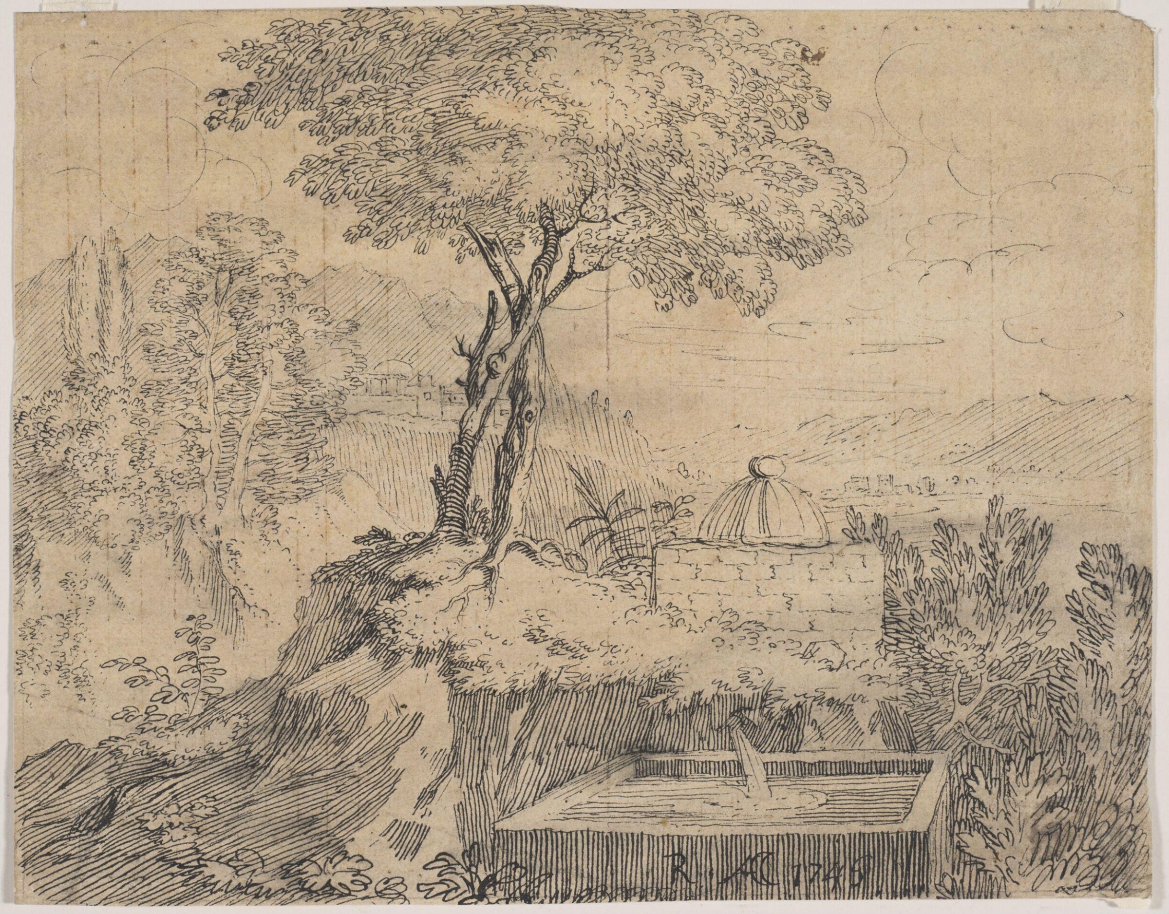 Landscape near Rome, with a cistern in the foreground, Cozens, 1746