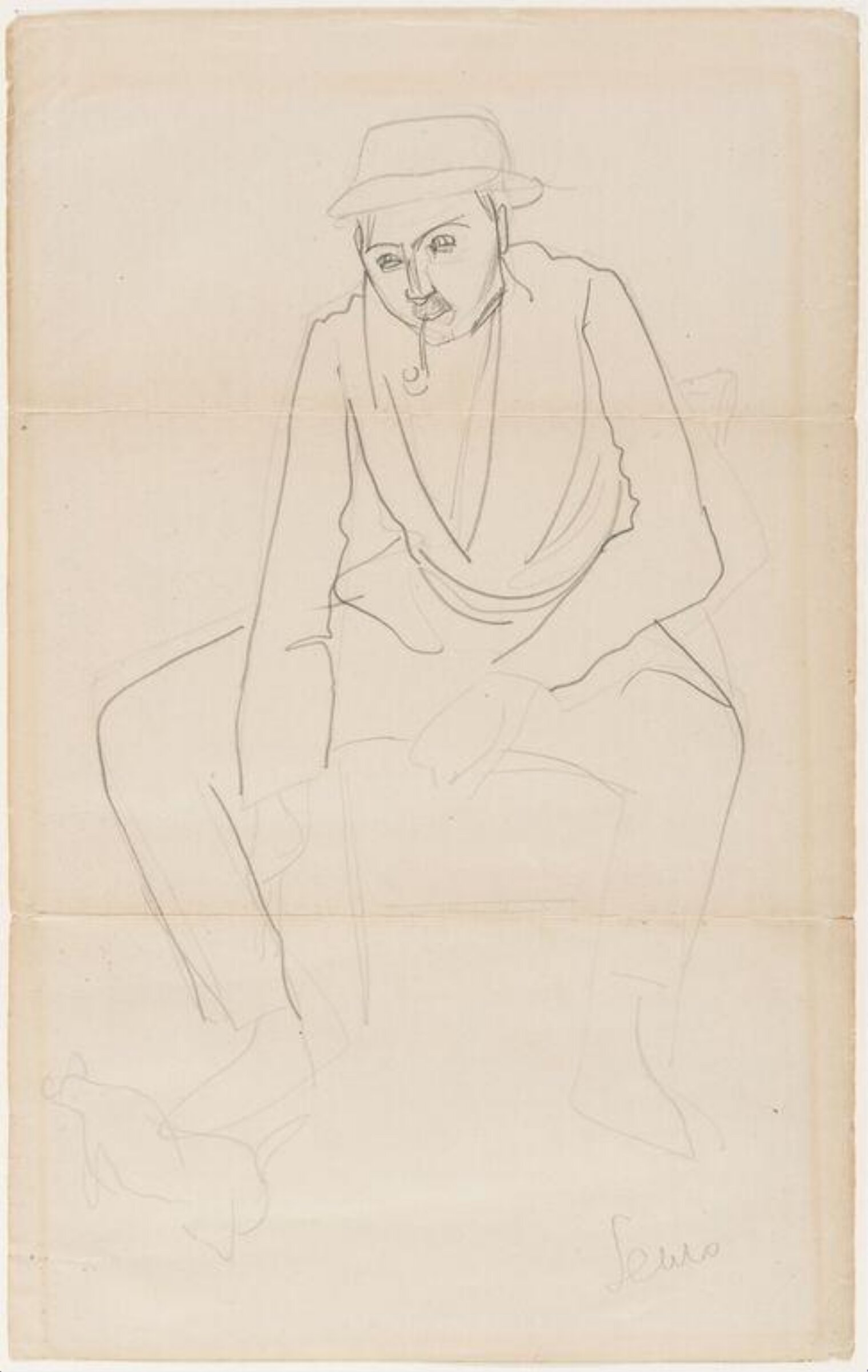 Portrait of Wyndham Lewis, seated with pipe and cat, Jessica Dismorr, c.1920-23