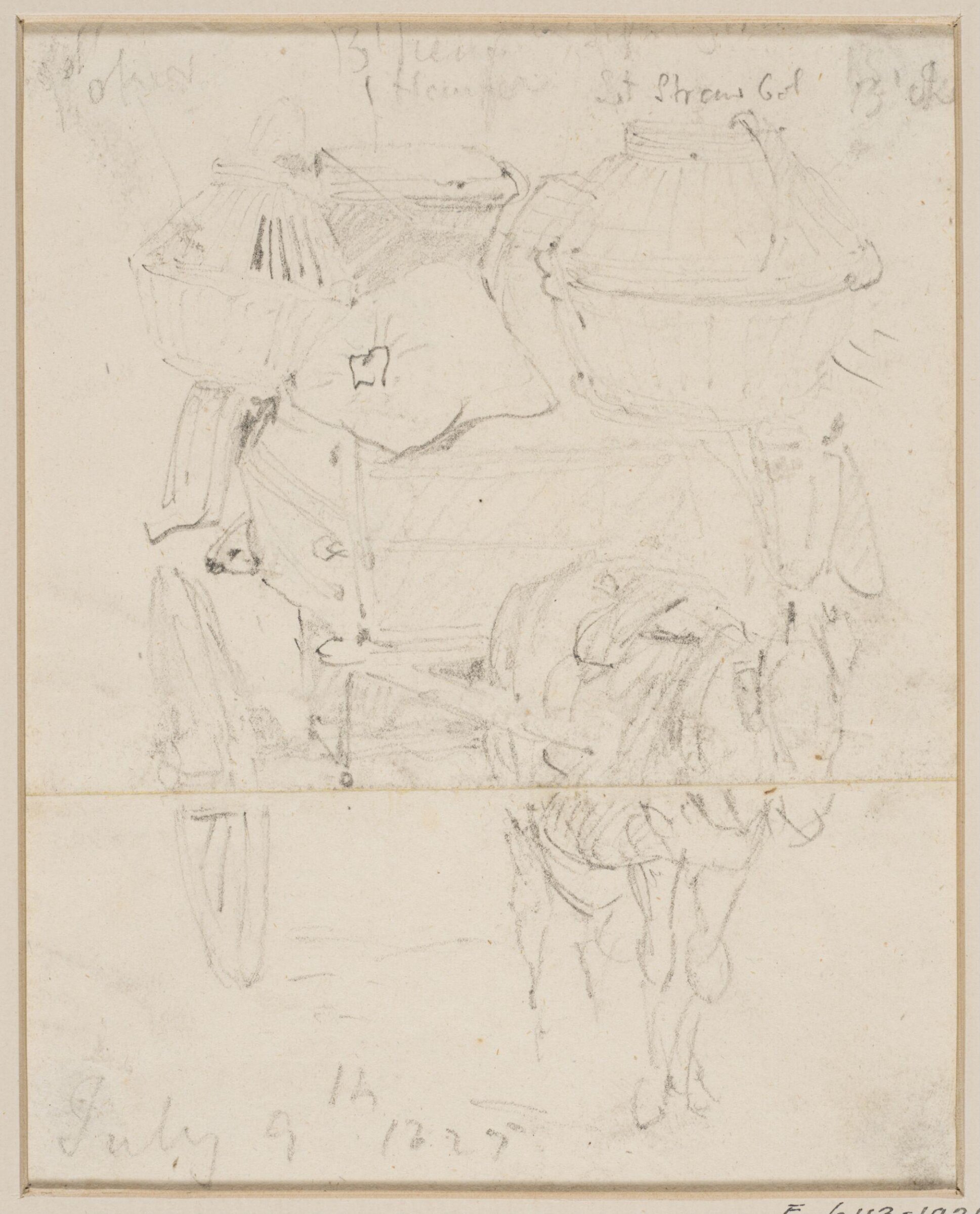A donkey drawing a cart laden with lobster pots, John Sell Cotman, 1827