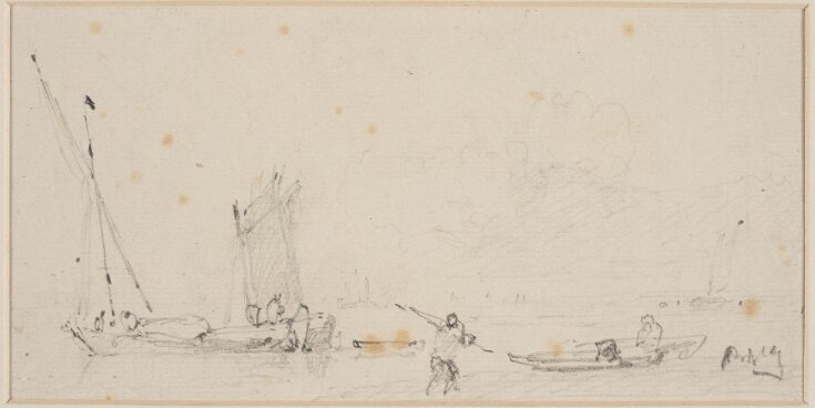 Fishing boats on the sea shore and a fisherman carrying a pole top image