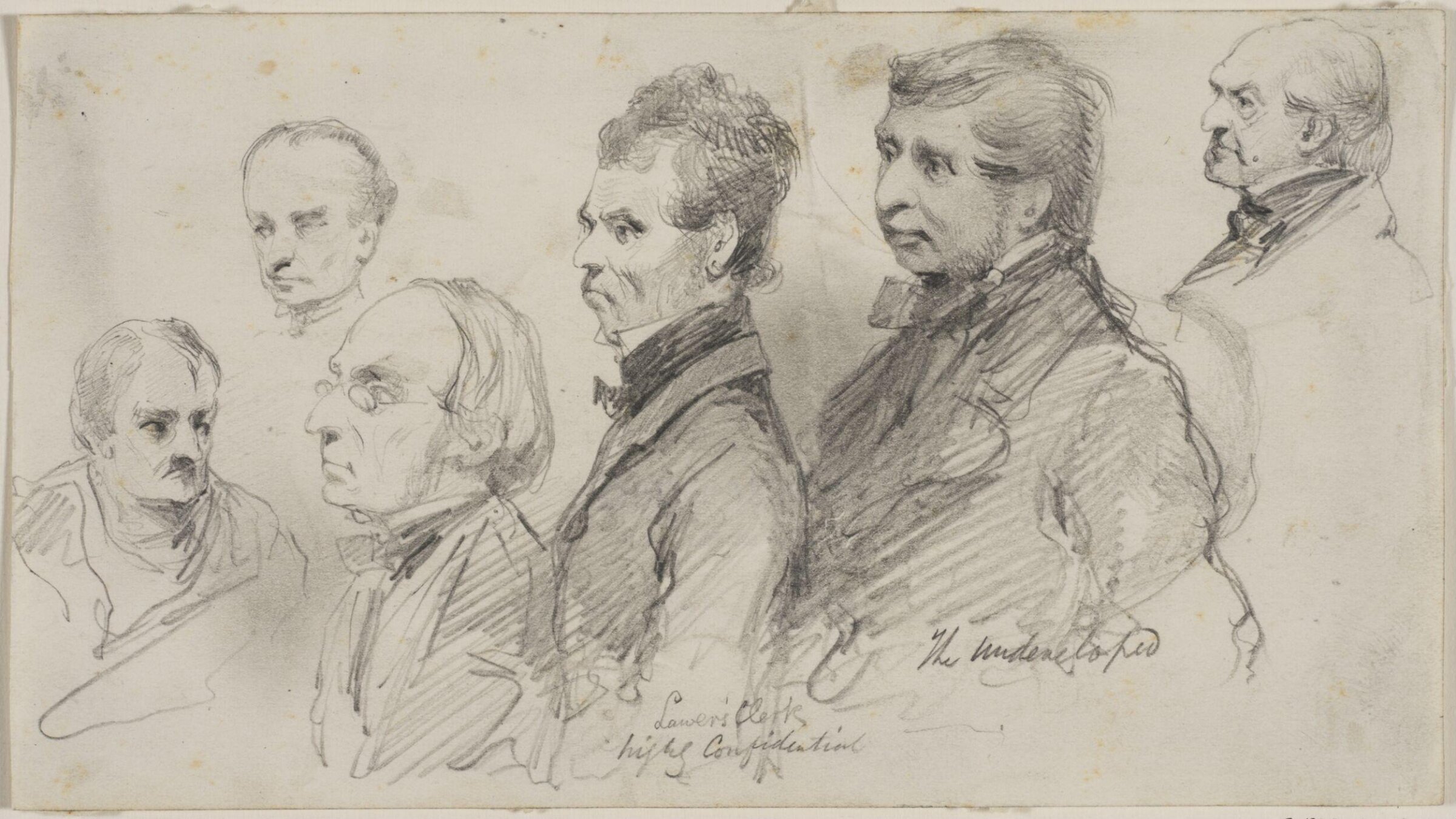 Sheets of studies of participants in a legal action, Myles Birket Foster, 1825-1899
