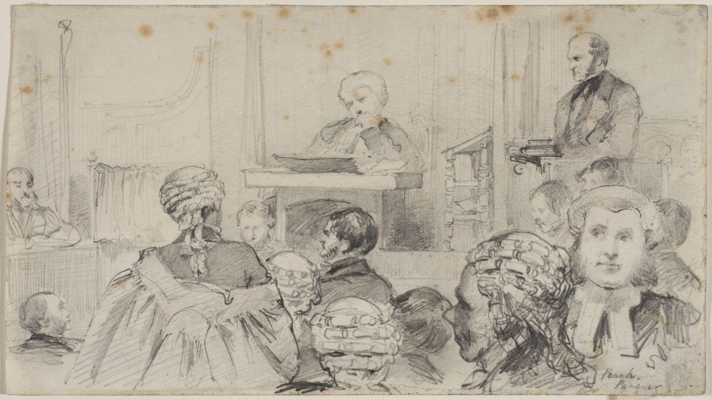 Sheets of studies of participants in a legal action, Myles Birket Foster, 1825-1899