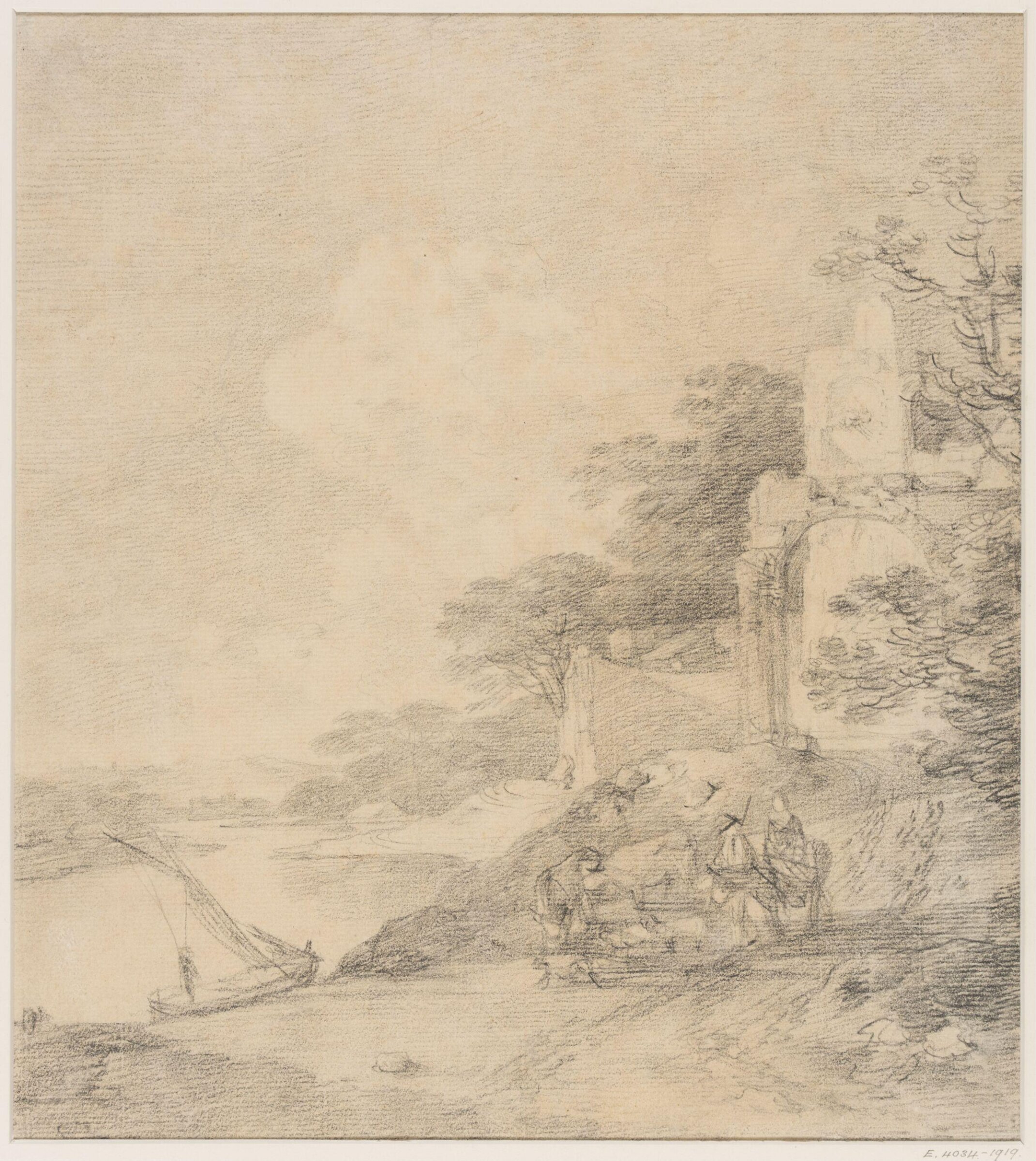 Landscape with figures and ruin by a river, George Frost, 1754-1821