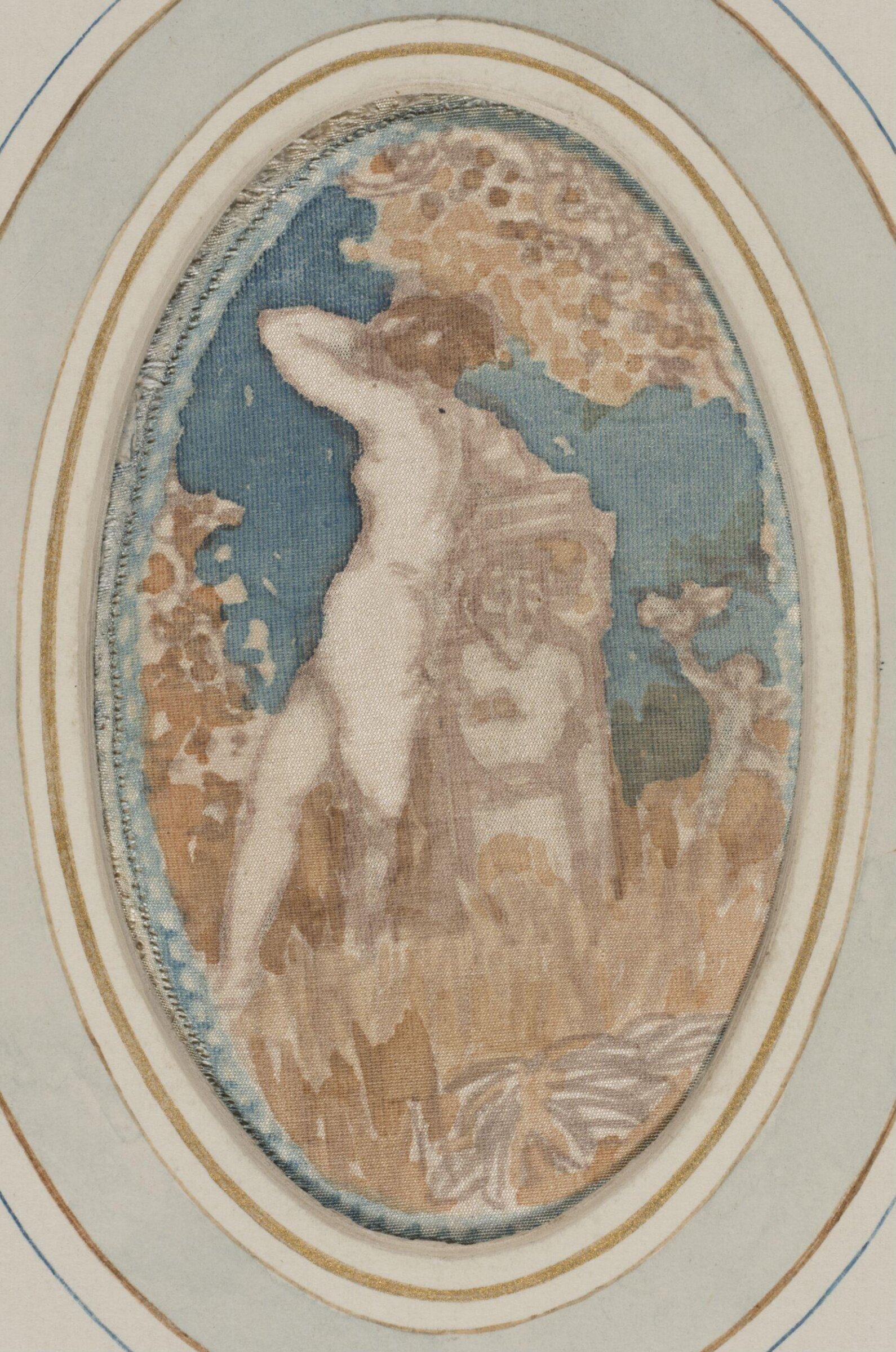 Nude female figure leaning against a statue in a garden, Charles Conder, ca. 1890-1909