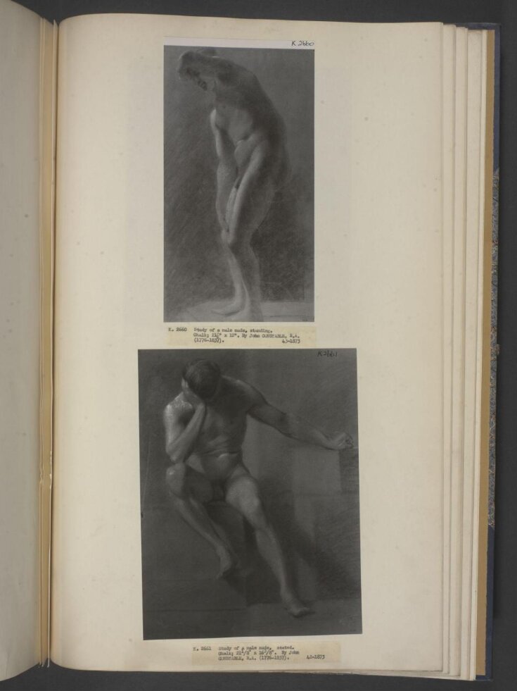 Study of a nude male figure, standing with his back bent and his left arm shading his eyes top image