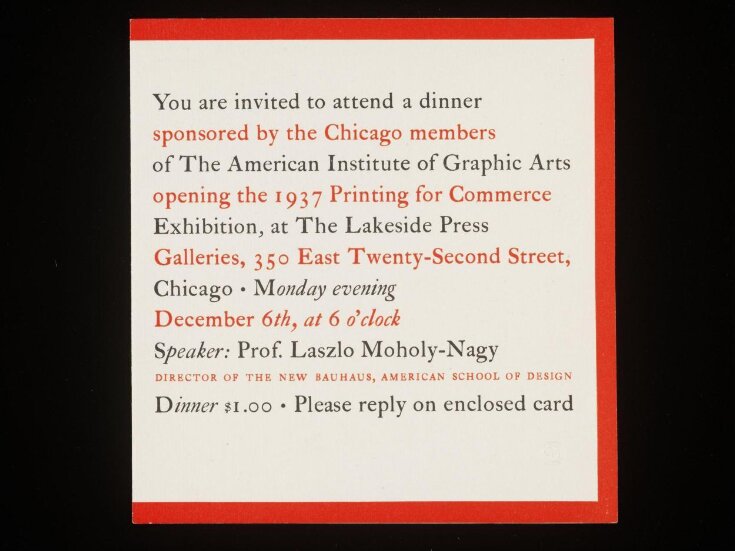 Dinner invite to 1937 Printing for Commerce Exhibition image