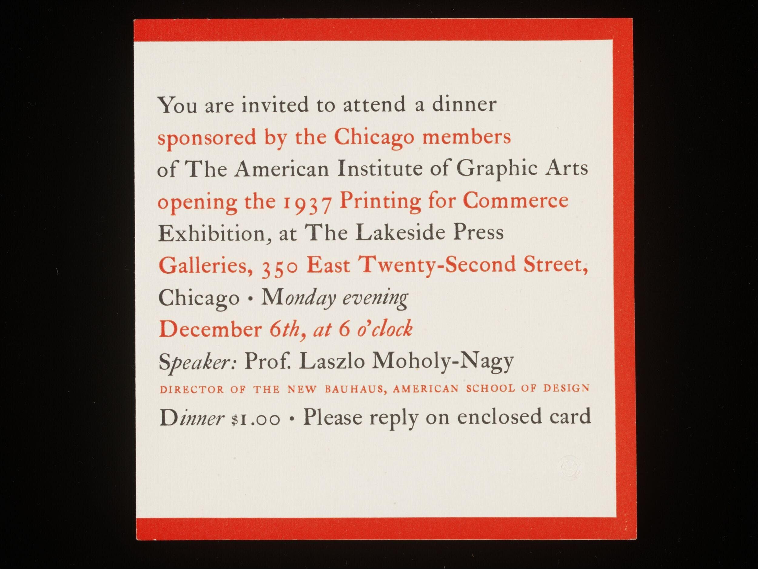 Dinner invite to 1937 Printing for Commerce Exhibition