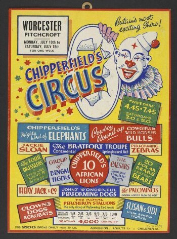 Hanging card advertising Chipperfield's Circus at Worcester Racecourse, July 1950