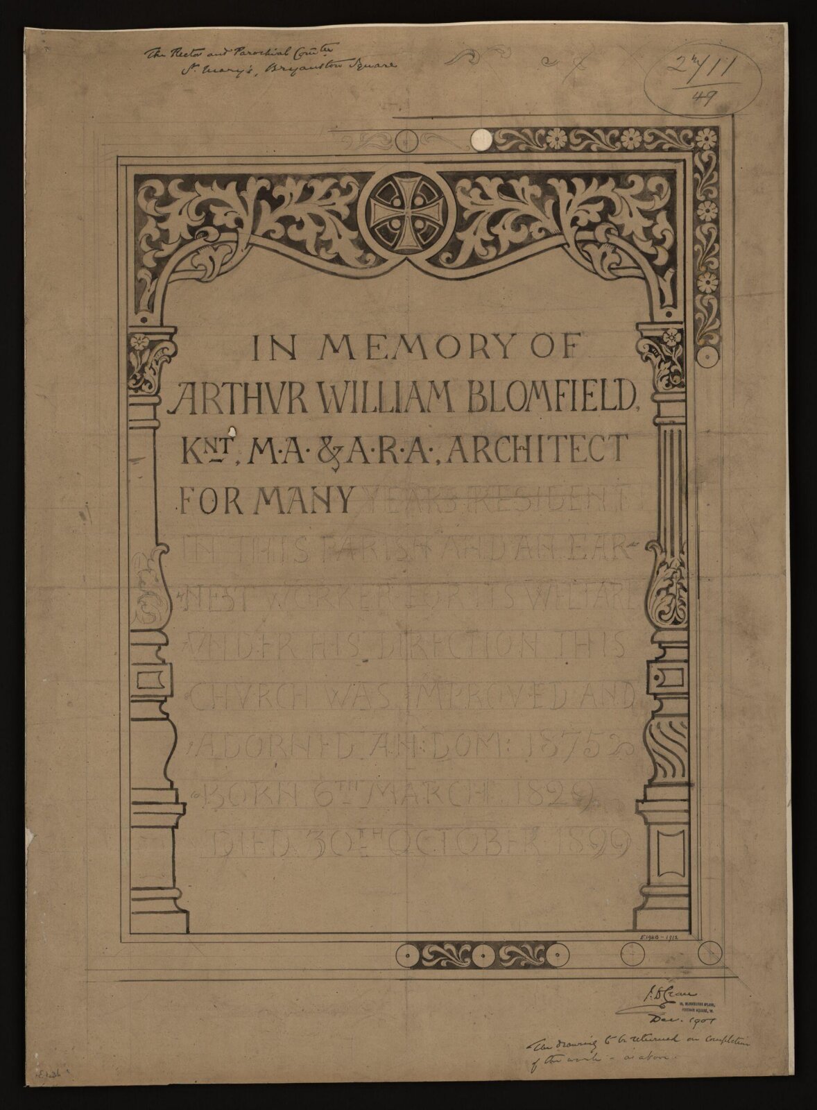 Memorial brass to Sir Arthur William Blomfield, John Dibblee Crace, December 1901