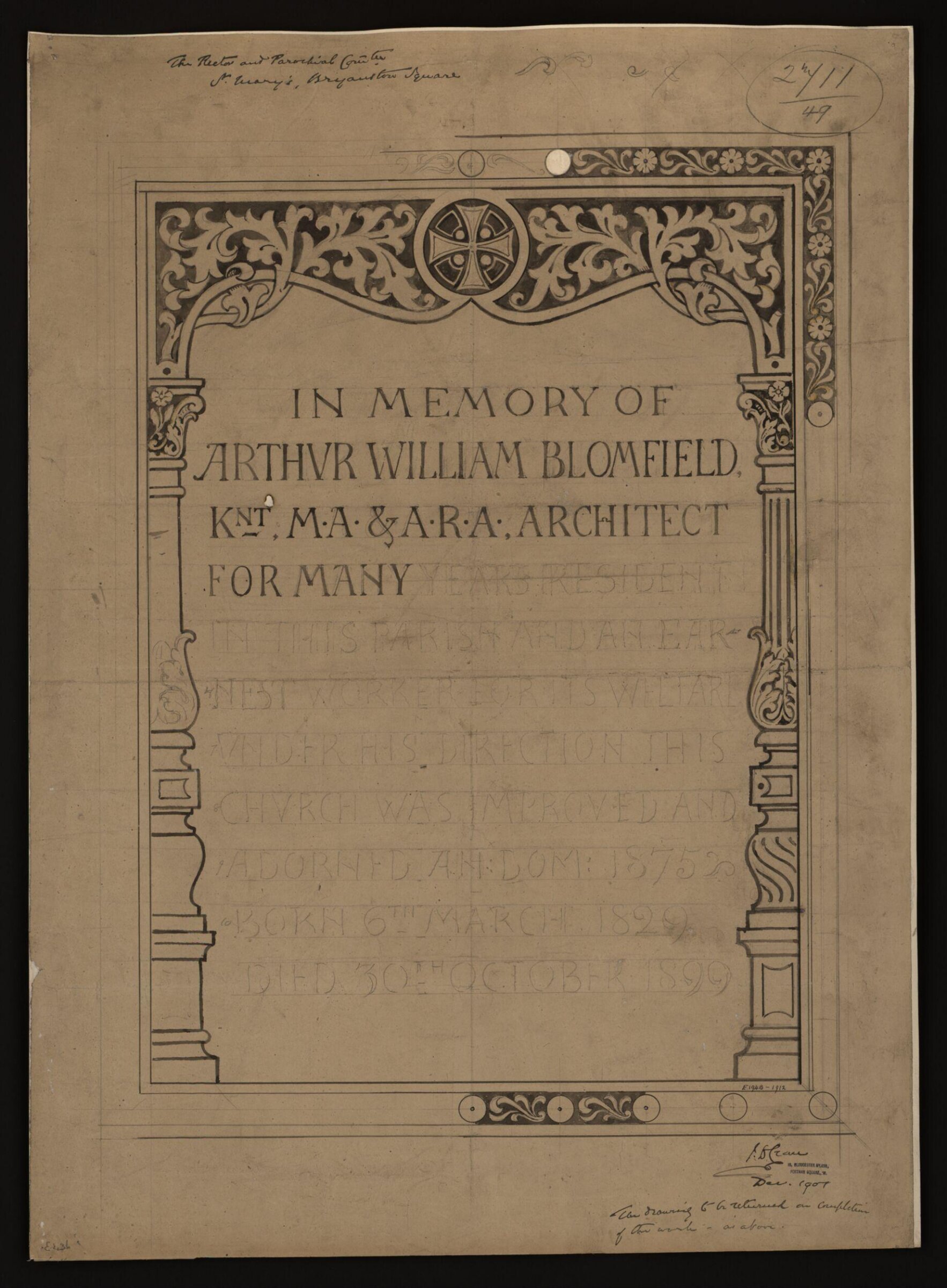 Memorial brass to Sir Arthur William Blomfield, John Dibblee Crace, December 1901