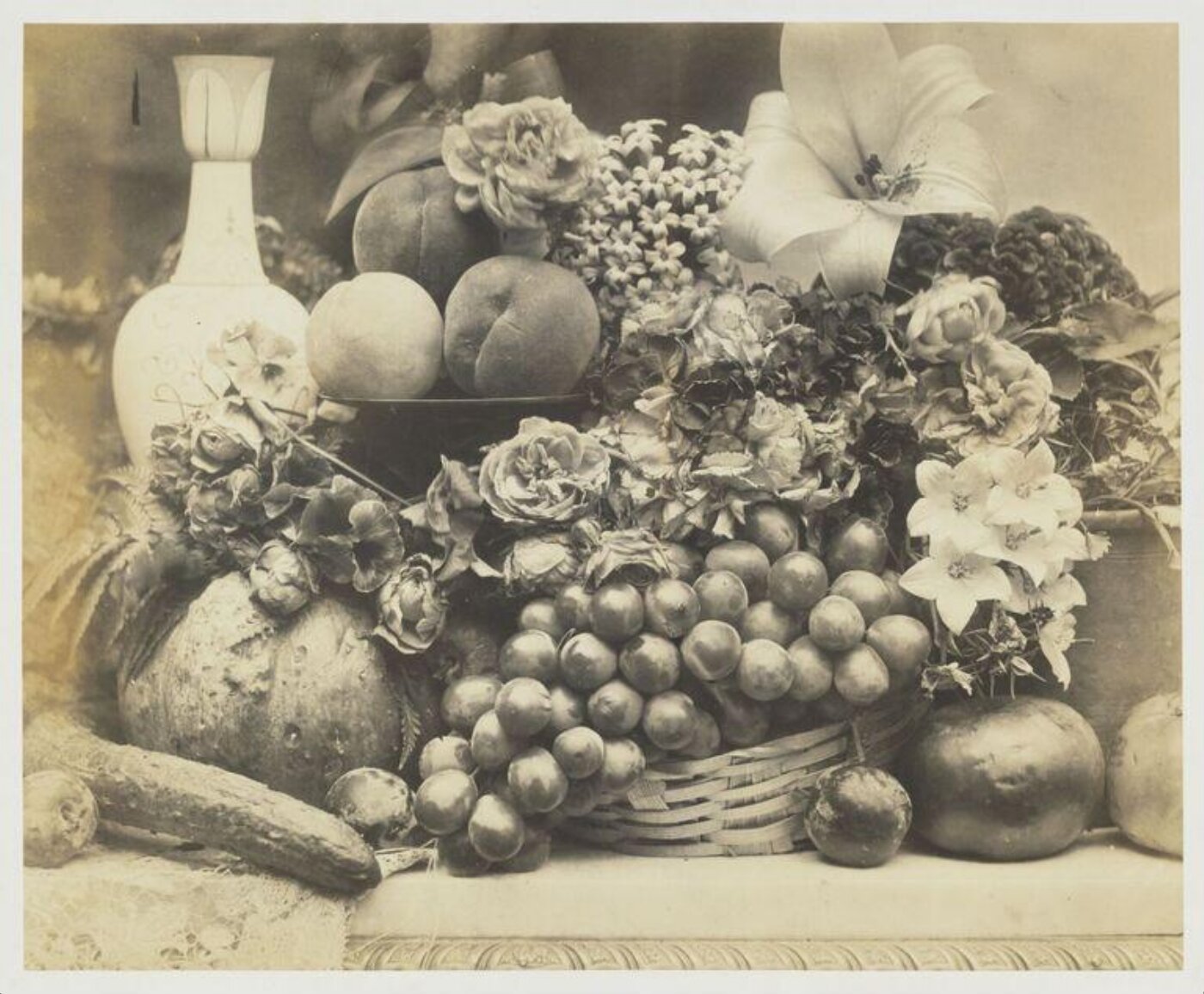 Fenton, Roger, Still life with fruits, vegetables, flowers and a vase