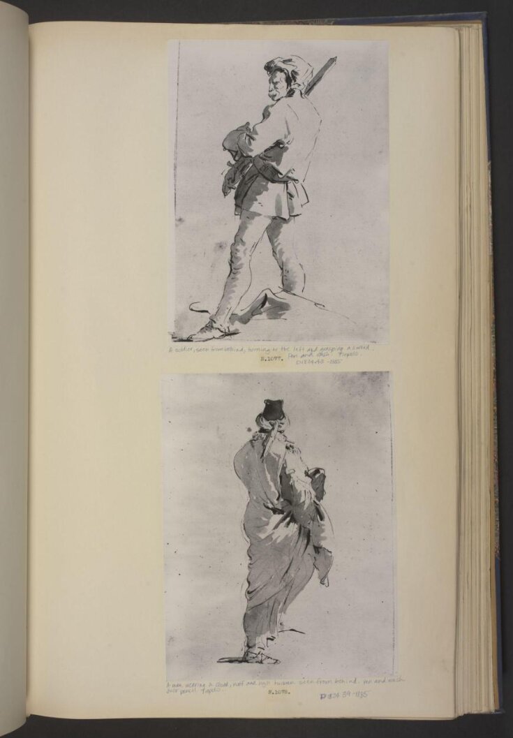 A soldier, seen from behind, turning to the left and grasping a sword top image