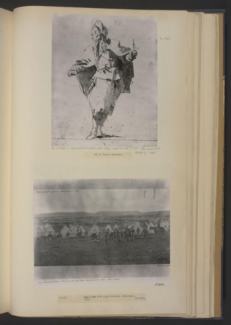 An old man in hat and short bloak with clasp, head turned to left ...