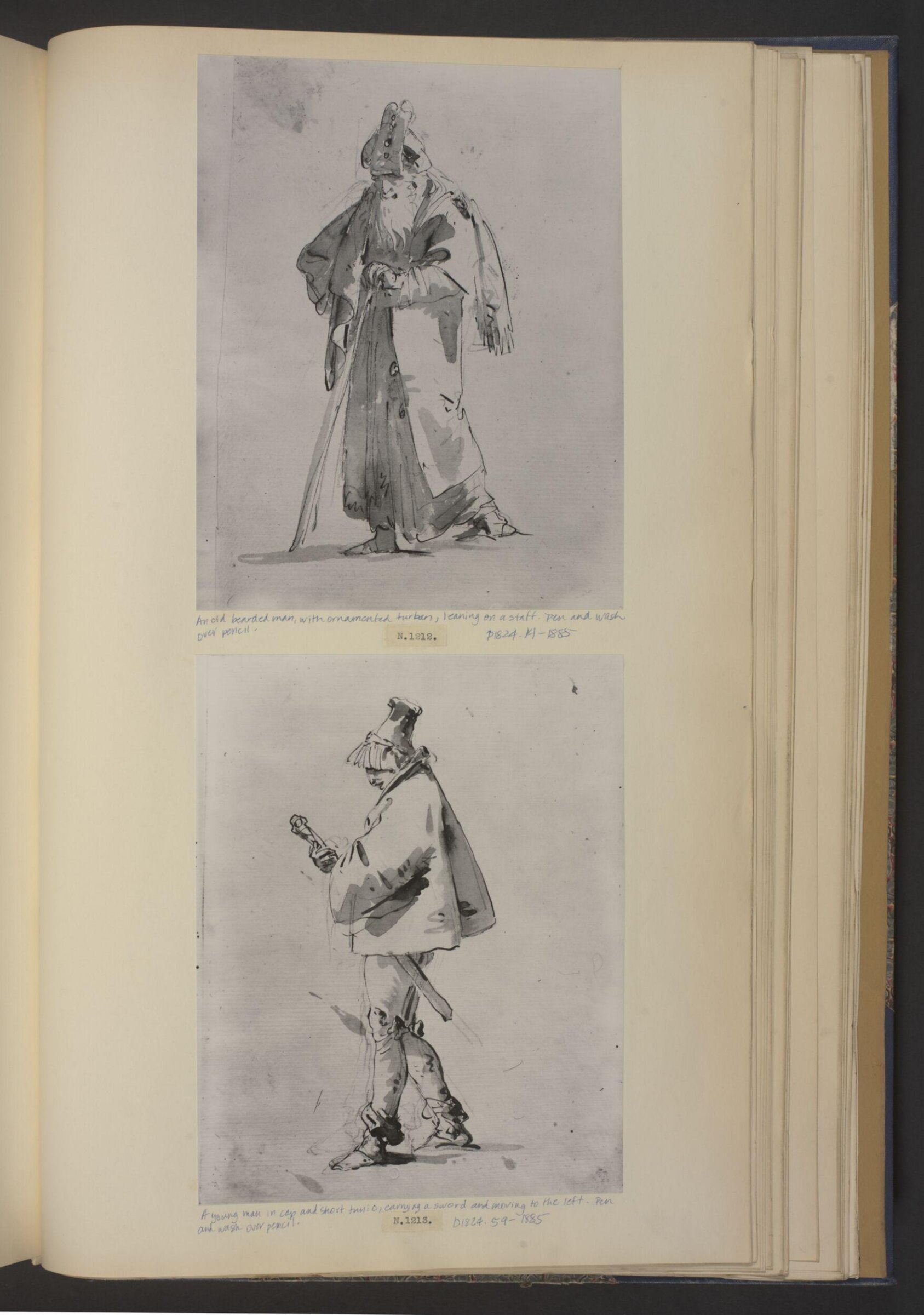 A young man in cap and short tunic, carrying a sword and moving to the left, Giovanni Battista Tiepolo, mid 18th century