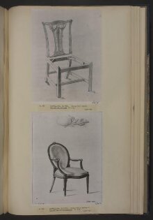 Design for a splat-back chair from; A Miscellaneous Collection of Original Designs, made, and for the most part executed, during an extensive Practice of many years in the first line of his Profession, by John Linnell, Upholserer Carver & Cabinet Maker. Selected from his Portfolios at his Decease, by C. H. Tatham Architect. AD 1800. thumbnail 1