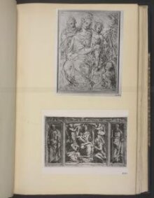 Design for three painted or sculptured panels in an ornamented frame: in the middle the Virgin and Child adorded by St Jerome and a king; to the left and right St Peter and St Paul thumbnail 1