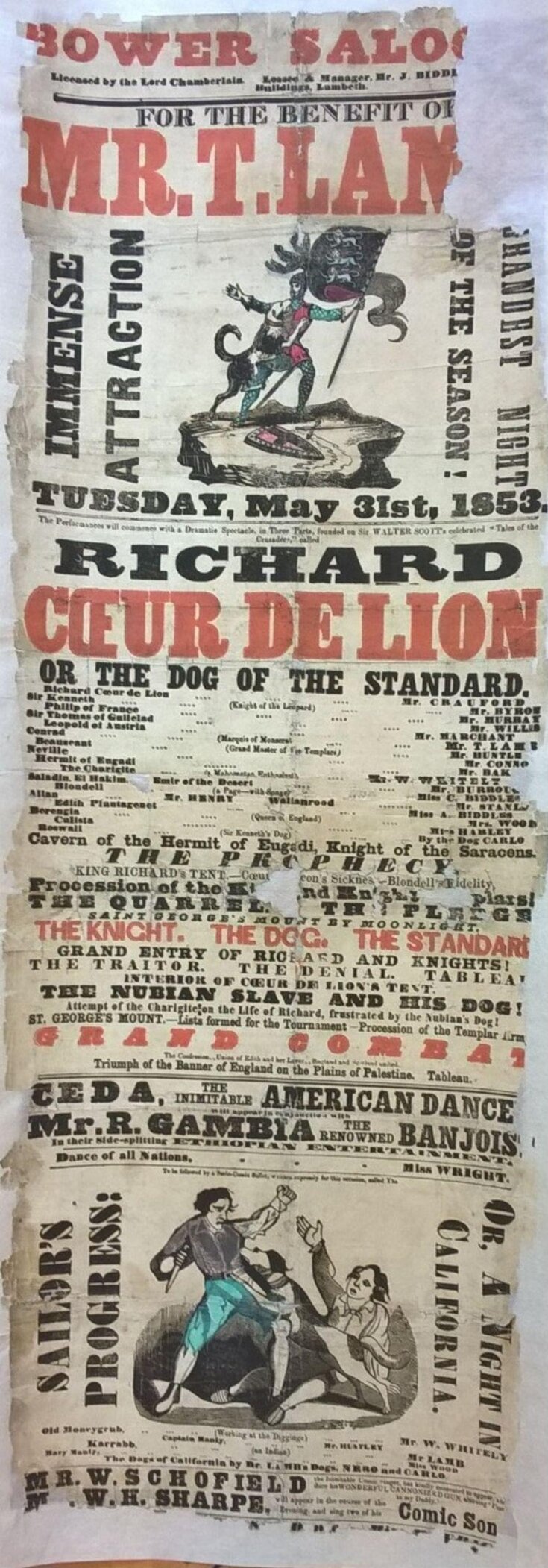 Illustrated playbill advertising the programme at the Bower Saloon, 31 May 1853 top image