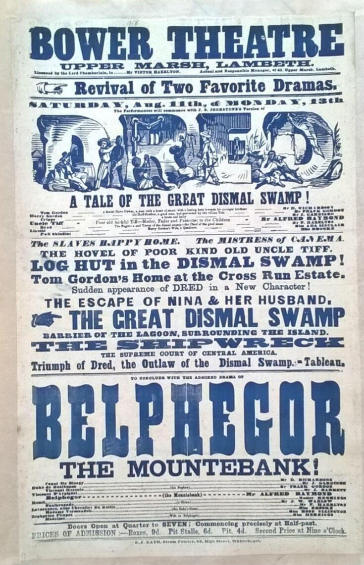 Illustrated poster advertising the programme at the Bower Theatre, 11th and 13th August 1866 image