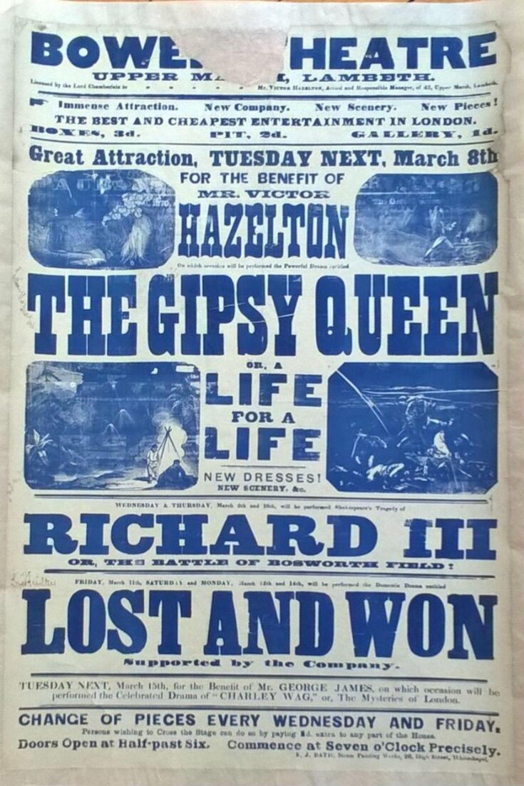 Illustrated poster advertising the programme at the Bower Theatre, 8-15 March 1870 image
