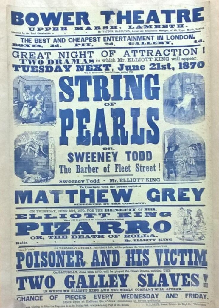 Illustrated poster advertising the programme at the Bower Theatre, 21-25 June 1870 top image
