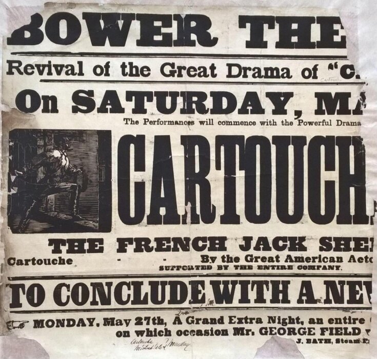 Left part of a poster advertising Cartouche the French Jack Sheppard, Bower Theatre 27 May 1872 top image