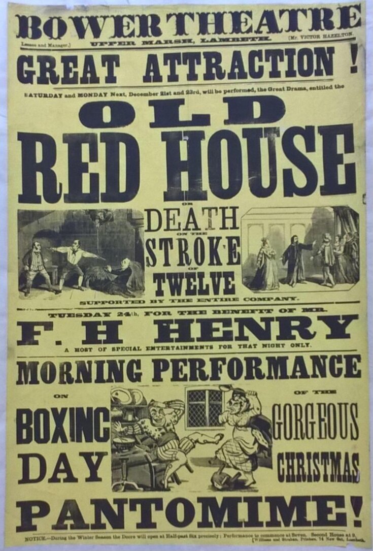 Illustrated poster advertising the programme at the Bower Theatre, 21-26 December 1872 image
