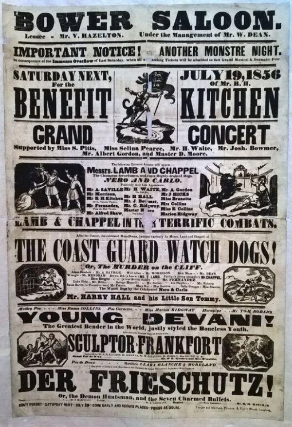 Illustrated poster advertising the programme at the Bower Saloon, 19 July 1856