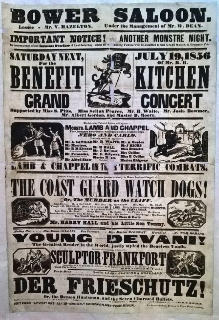 Illustrated poster advertising the programme at the Bower Saloon, 19 July 1856 image