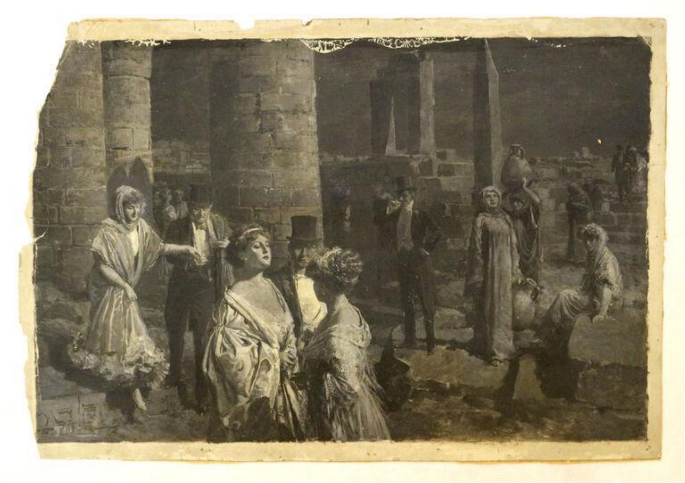 Oil painted study of an unidentified theatrical scene in Egypt, Fortunino Matania, early 20th century