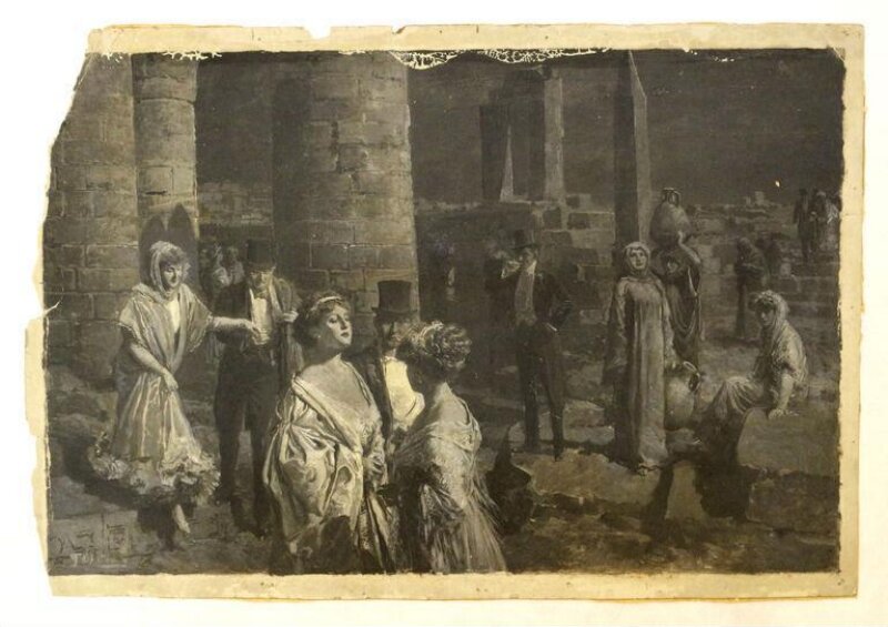 Oil painted study of an unidentified theatrical scene in Egypt